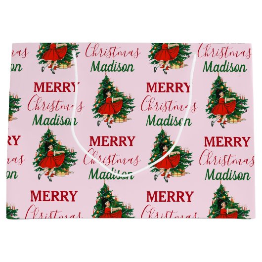 Aangepaste naam Retro Kerstmis - kerstboom roze Groot Cadeauzakje (Voorkant)