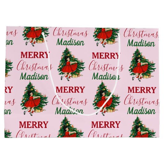 Aangepaste naam Retro Kerstmis - kerstboom roze Groot Cadeauzakje (Achterkant)