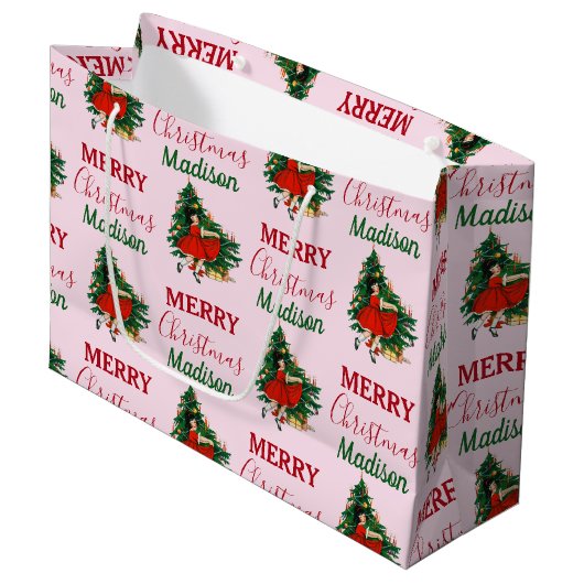 Aangepaste naam Retro Kerstmis - kerstboom roze Groot Cadeauzakje (Voorkant Gekanteld)