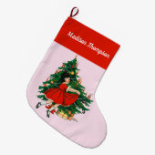 Aangepaste naam Retro Kerstmis - kerstboom roze Grote Kerstsok (Voorkant (Hangend))