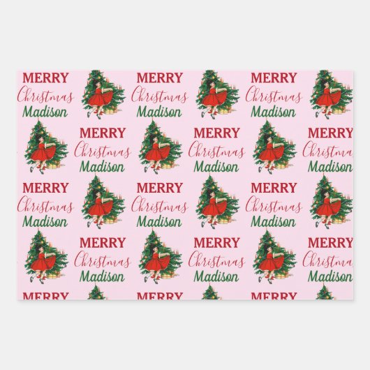 Aangepaste naam Retro Kerstmis - kerstboom roze Inpakpapier Vel (Voorkant)