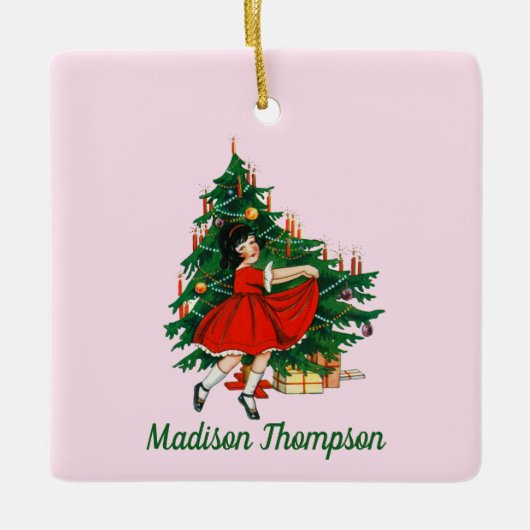 Aangepaste naam Retro Kerstmis - kerstboom roze Keramisch Ornament (Voorkant)