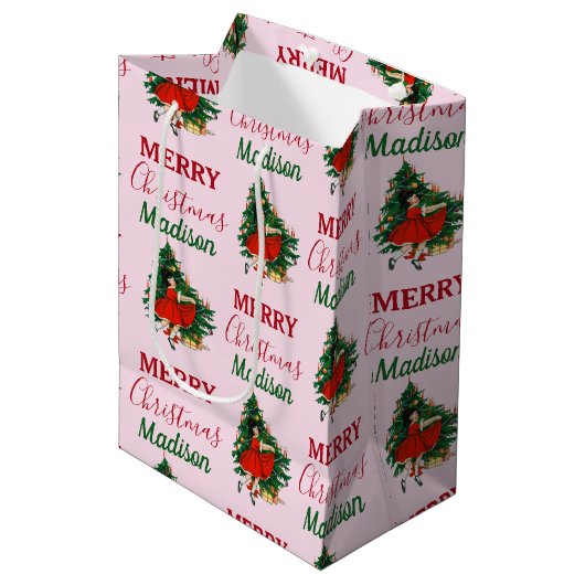 Aangepaste naam Retro Kerstmis - kerstboom roze Medium Cadeauzakje (Voorkant Gekanteld)