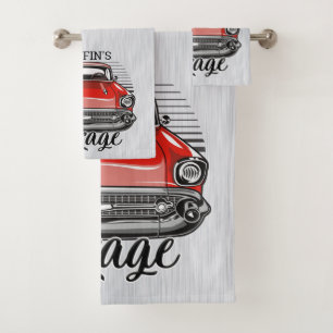 Aangepaste NAAM Retro Red Classic Car Garage Bad Handdoek