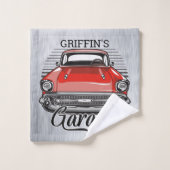 Aangepaste NAAM Retro Red Classic Car Garage Bad Handdoek (Wasdoekje)