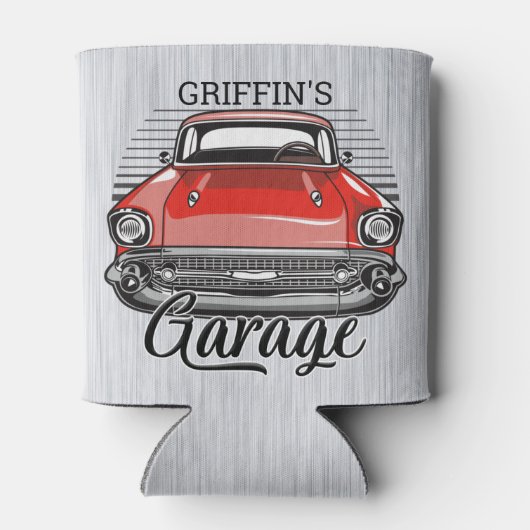 Aangepaste NAAM Retro Red Classic Car Garage Blikjeskoeler (Achterkant)