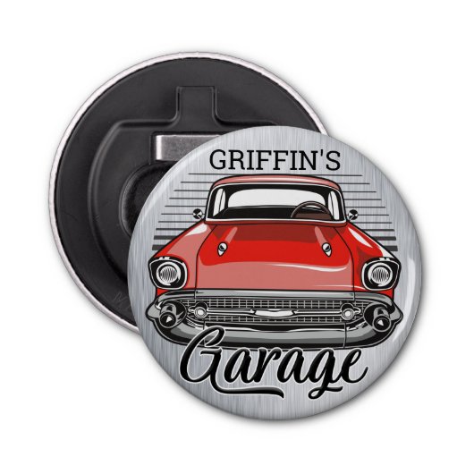 Aangepaste naam Retro Red Classic Car Garage Button Flesopener (Voorkant)