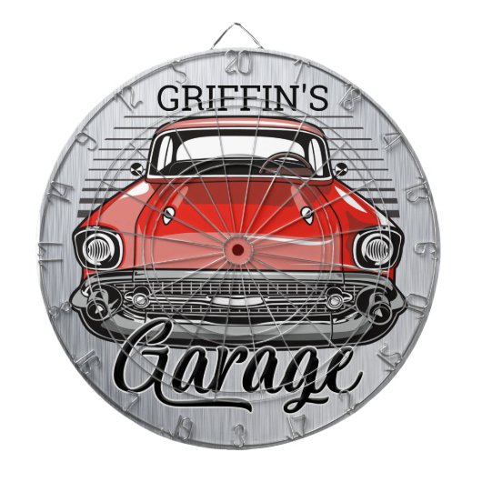 Aangepaste NAAM Retro Red Classic Car Garage Dartbord (Voorkant)