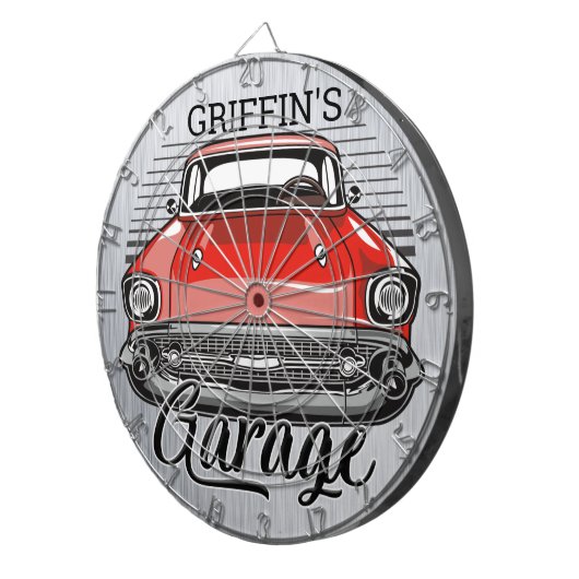 Aangepaste NAAM Retro Red Classic Car Garage Dartbord (Voorkant Rechts)