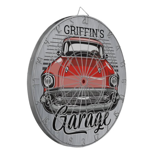Aangepaste NAAM Retro Red Classic Car Garage Dartbord (Voorkant Links)