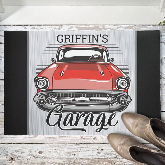 Aangepaste NAAM Retro Red Classic Car Garage Deurmat