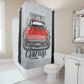 Aangepaste NAAM Retro Red Classic Car Garage Douchegordijn (In situ)