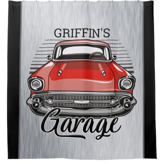 Aangepaste NAAM Retro Red Classic Car Garage Douchegordijn (Voorkant)