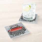 Aangepaste NAAM Retro Red Classic Car Garage Glazen Onderzetter (Schuin)