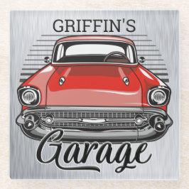 Aangepaste NAAM Retro Red Classic Car Garage Glazen Onderzetter