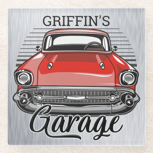 Aangepaste NAAM Retro Red Classic Car Garage Glazen Onderzetter (Voorkant)