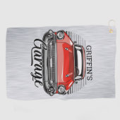 Aangepaste NAAM Retro Red Classic Car Garage Golfhanddoek (Horizontaal)