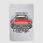 Aangepaste NAAM Retro Red Classic Car Garage Golfhanddoek (Voorkant)