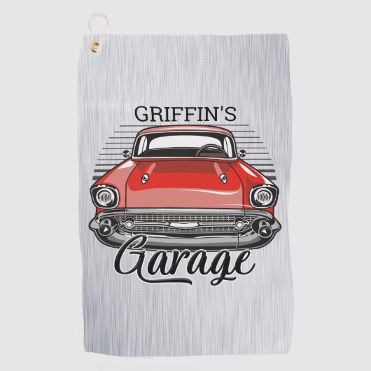 Aangepaste NAAM Retro Red Classic Car Garage Golfhanddoek (Voorkant)