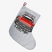 Aangepaste NAAM Retro Red Classic Car Garage Grote Kerstsok (Voorkant (Hangend))