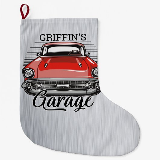 Aangepaste NAAM Retro Red Classic Car Garage Grote Kerstsok (Voorkant)