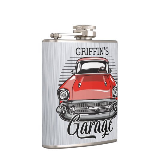 Aangepaste NAAM Retro Red Classic Car Garage Heupfles (Rechts)