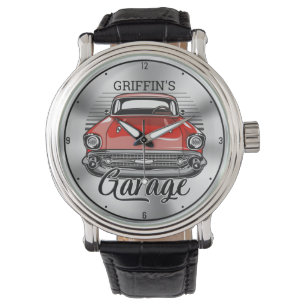 Aangepaste NAAM Retro Red Classic Car Garage Horloge