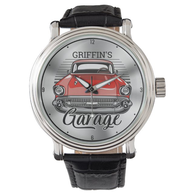 Aangepaste NAAM Retro Red Classic Car Garage Horloge (Voorkant)