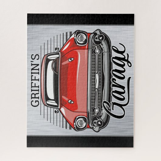 Aangepaste NAAM Retro Red Classic Car Garage Legpuzzel (Verticaal)