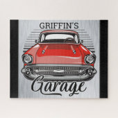Aangepaste NAAM Retro Red Classic Car Garage Legpuzzel (Horizontaal)