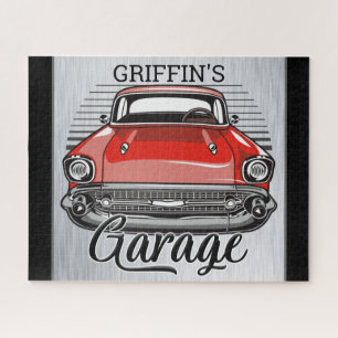 Aangepaste NAAM Retro Red Classic Car Garage Legpuzzel