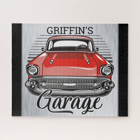 Aangepaste NAAM Retro Red Classic Car Garage Legpuzzel (Horizontaal)