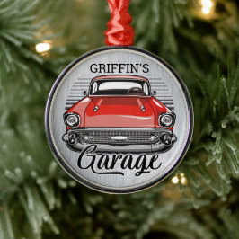 Aangepaste NAAM Retro Red Classic Car Garage Metalen Ornament