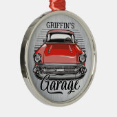 Aangepaste NAAM Retro Red Classic Car Garage Metalen Ornament (Rechts)