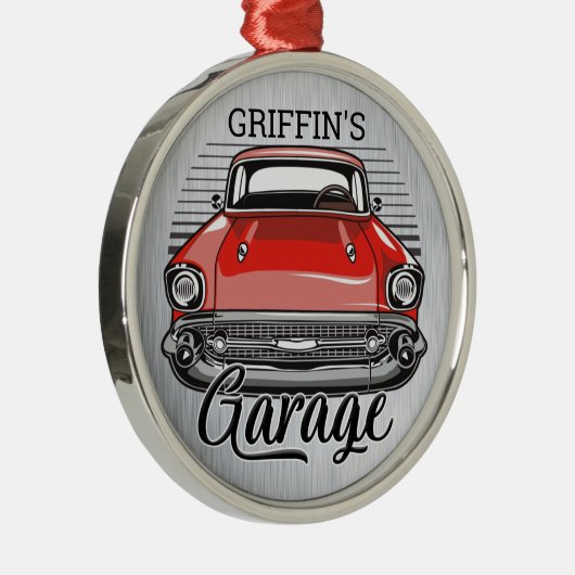 Aangepaste NAAM Retro Red Classic Car Garage Metalen Ornament (Rechts)
