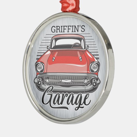 Aangepaste NAAM Retro Red Classic Car Garage Metalen Ornament (Links)
