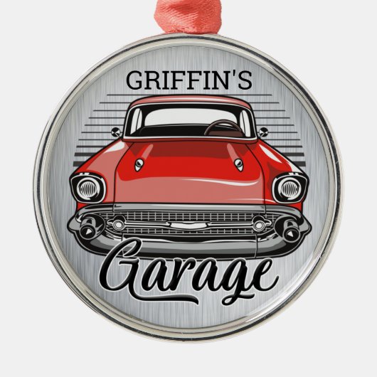 Aangepaste NAAM Retro Red Classic Car Garage Metalen Ornament (Voorkant)