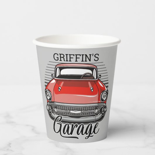 Aangepaste NAAM Retro Red Classic Car Garage Papieren Bekers (Voorkant)