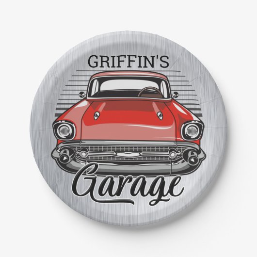 Aangepaste NAAM Retro Red Classic Car Garage Papieren Bordje (Voorkant)