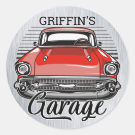 Aangepaste NAAM Retro Red Classic Car Garage Ronde Sticker