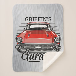 Aangepaste NAAM Retro Red Classic Car Garage Sherpa Deken
