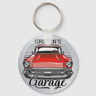 Aangepaste NAAM Retro Red Classic Car Garage Sleutelhanger