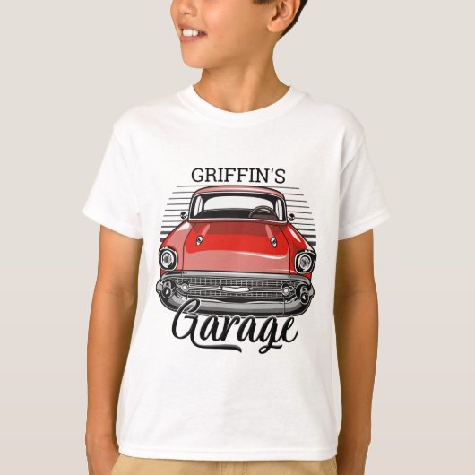 Aangepaste NAAM Retro Red Classic Car Garage T-shirt (Voorkant)