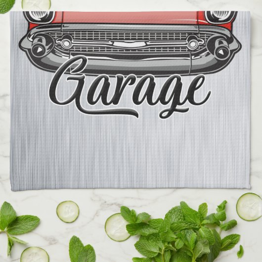 Aangepaste NAAM Retro Red Classic Car Garage Theedoek (Gevouwen)