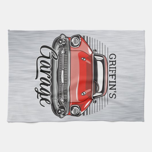 Aangepaste NAAM Retro Red Classic Car Garage Theedoek (Horizontaal)
