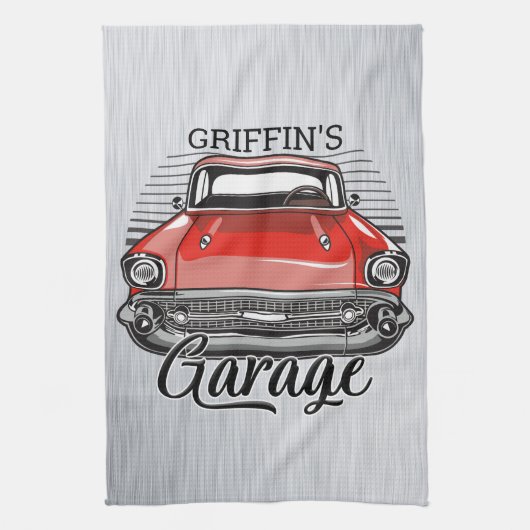 Aangepaste NAAM Retro Red Classic Car Garage Theedoek (Verticaal)