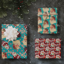 Aangepaste naam Retro Santa Claus Kerstmis Trio Gi Inpakpapier Vel