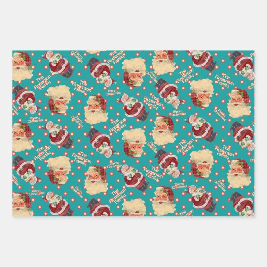 Aangepaste naam Retro Santa Claus Kerstmis Trio Gi Inpakpapier Vel (Voorkant)