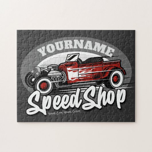Aangepaste naam Rockabilly Roadster Speed Shop Gar Legpuzzel (Horizontaal)