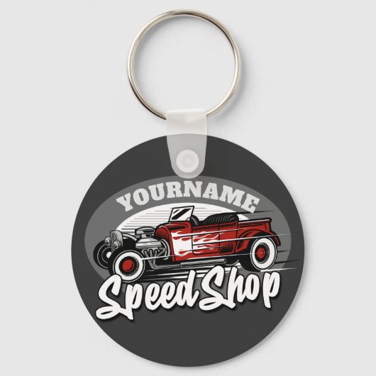 Aangepaste naam Rockabilly Roadster Speed Shop Gar Sleutelhanger (Voorkant)